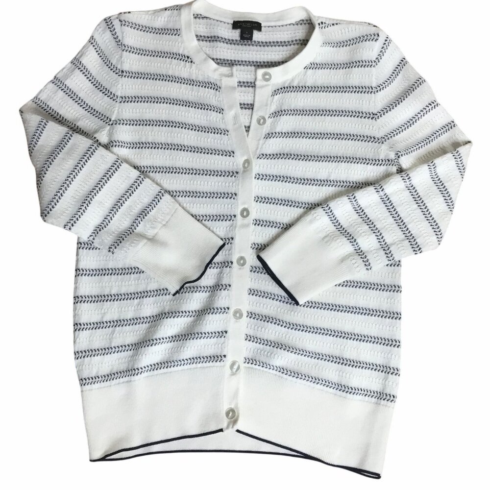 ANN TAYLOR FACTORY Striped Button Cardigan White Black Cotton Knit S Preppy